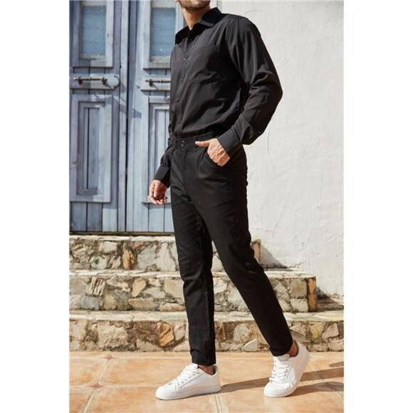 Men's Slim Fit Dress‎ Pants - Casual Business, Skinny Stretch, Golf Pants, Black - Picture 3 of 6